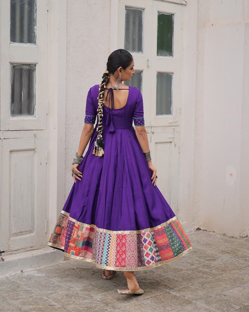 Purple Roman Silk Thread Mirror Work and Maslin Crochet Print Gown