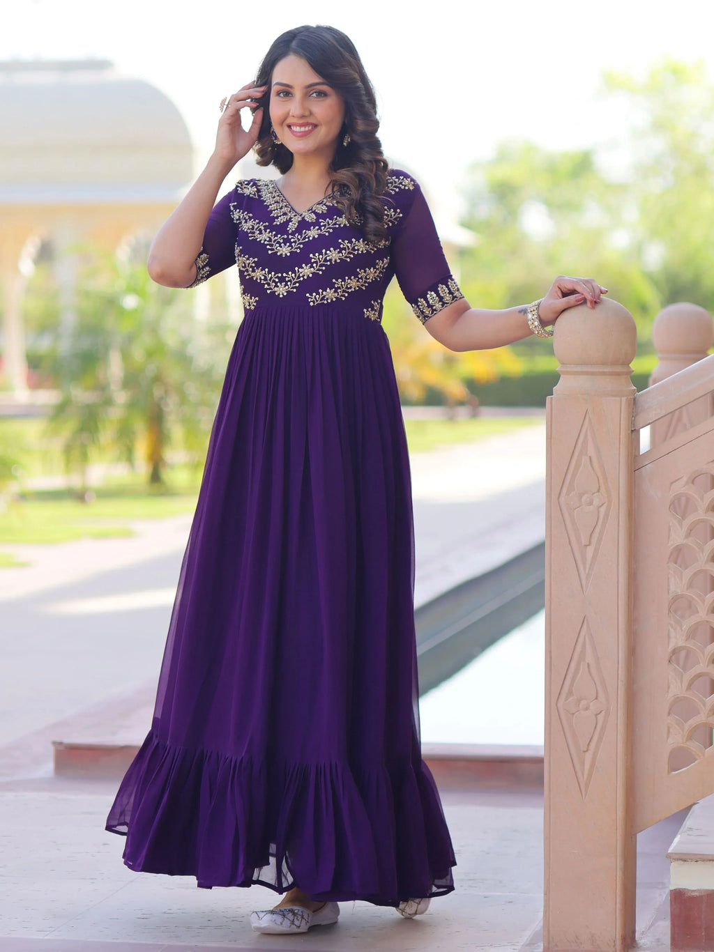 Purple Sequins Multithread Beads Embroidery Designer Gown