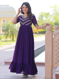 Purple Sequins Multithread Beads Embroidery Designer Gown