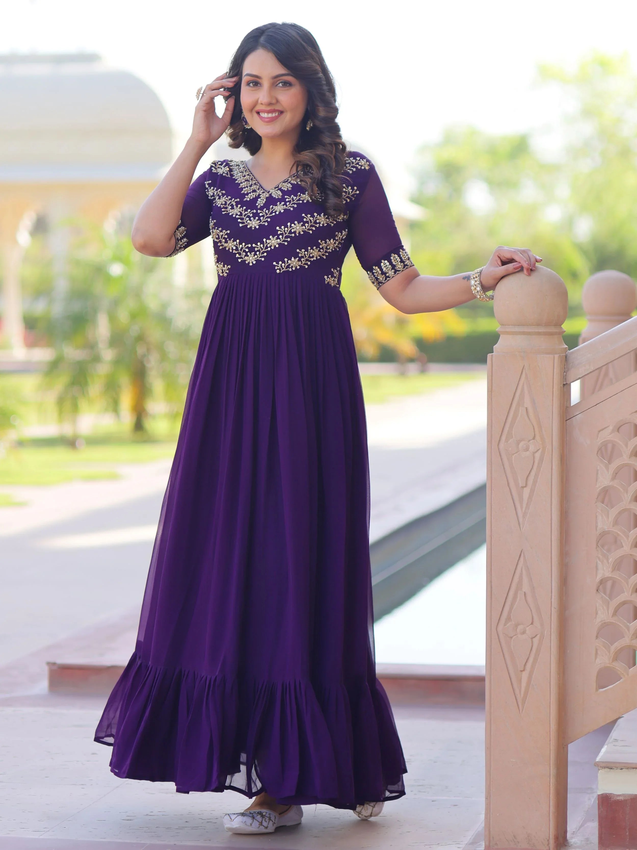 Purple Sequins Multithread Beads Embroidery Designer Gown