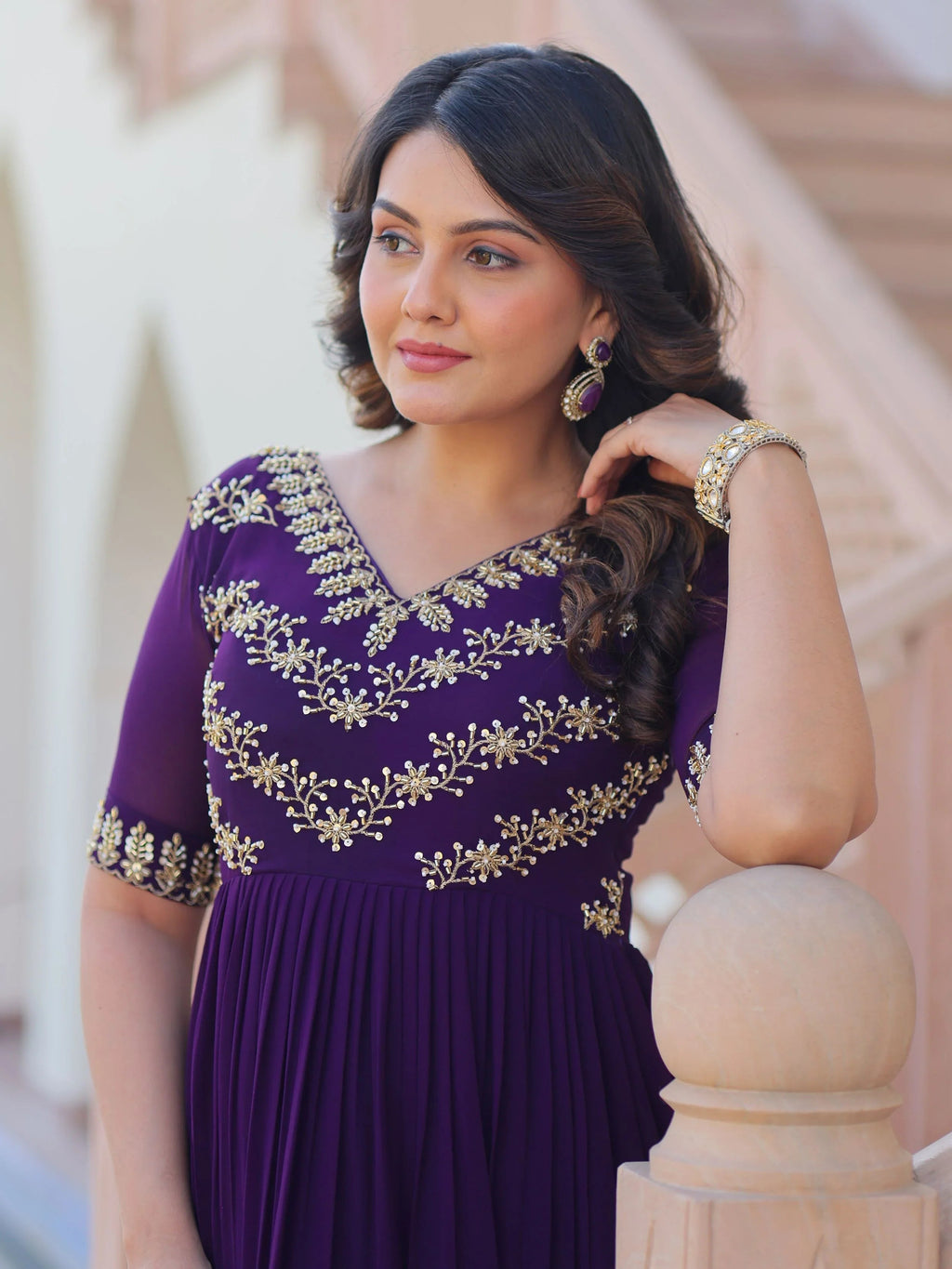 Purple Sequins Multithread Beads Embroidery Designer Gown