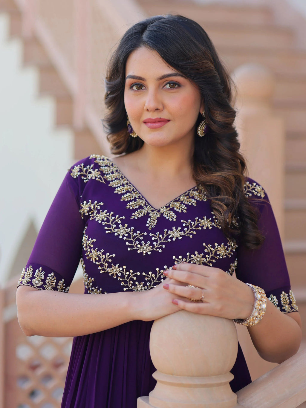 Purple Sequins Multithread Beads Embroidery Designer Gown