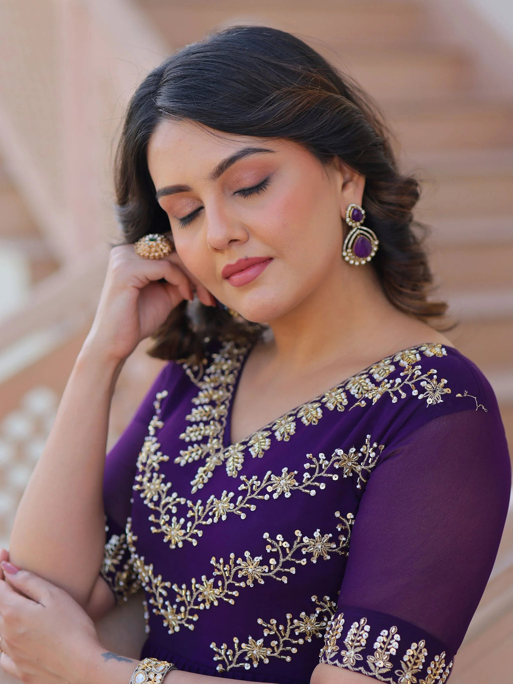 Purple Sequins Multithread Beads Embroidery Designer Gown