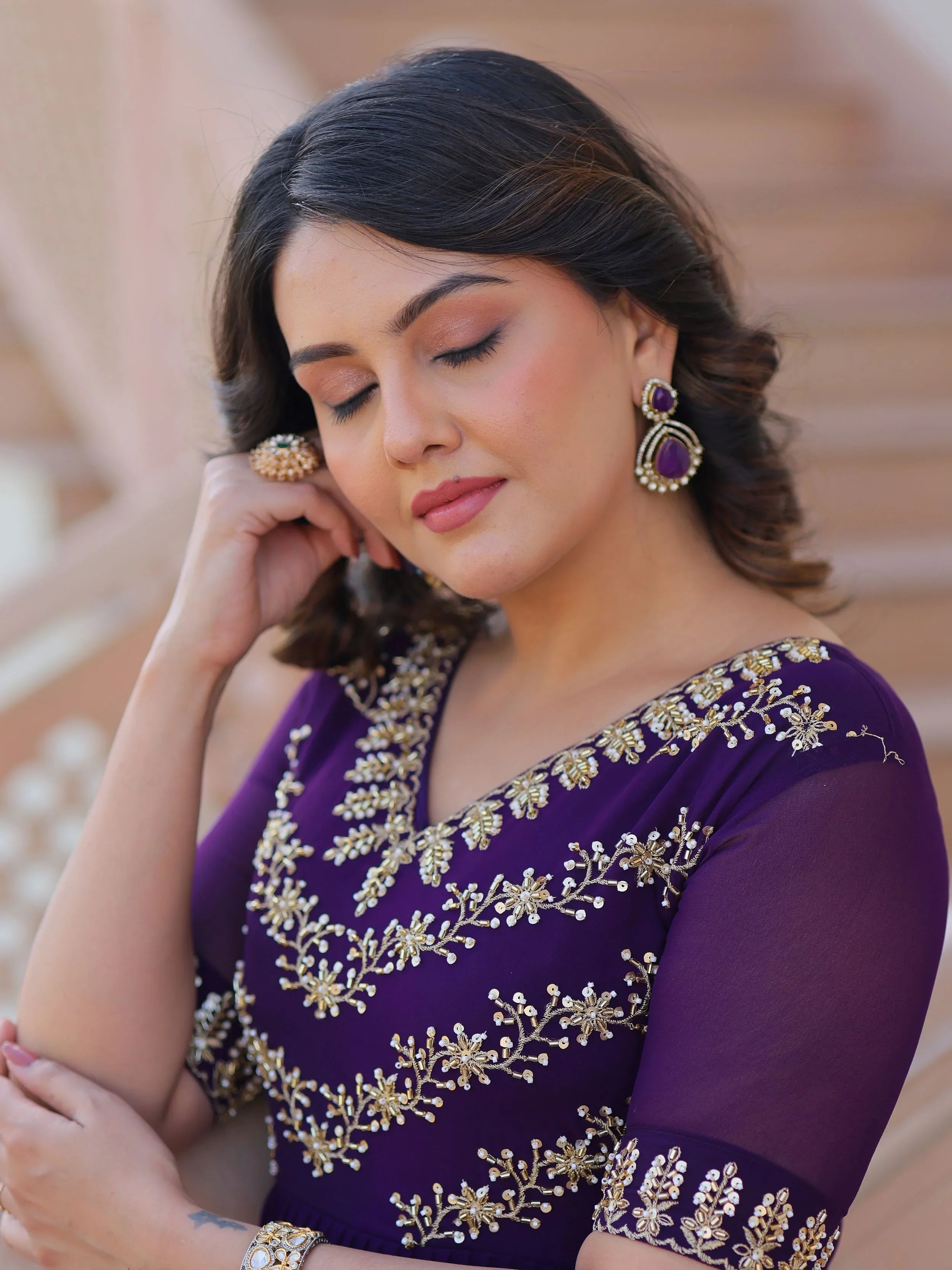 Purple Sequins Multithread Beads Embroidery Designer Gown