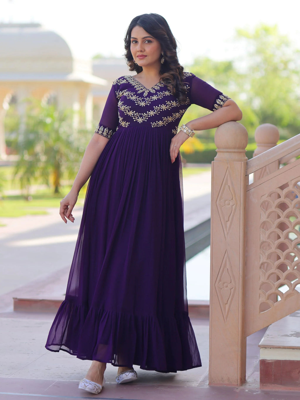 Purple Sequins Multithread Beads Embroidery Designer Gown