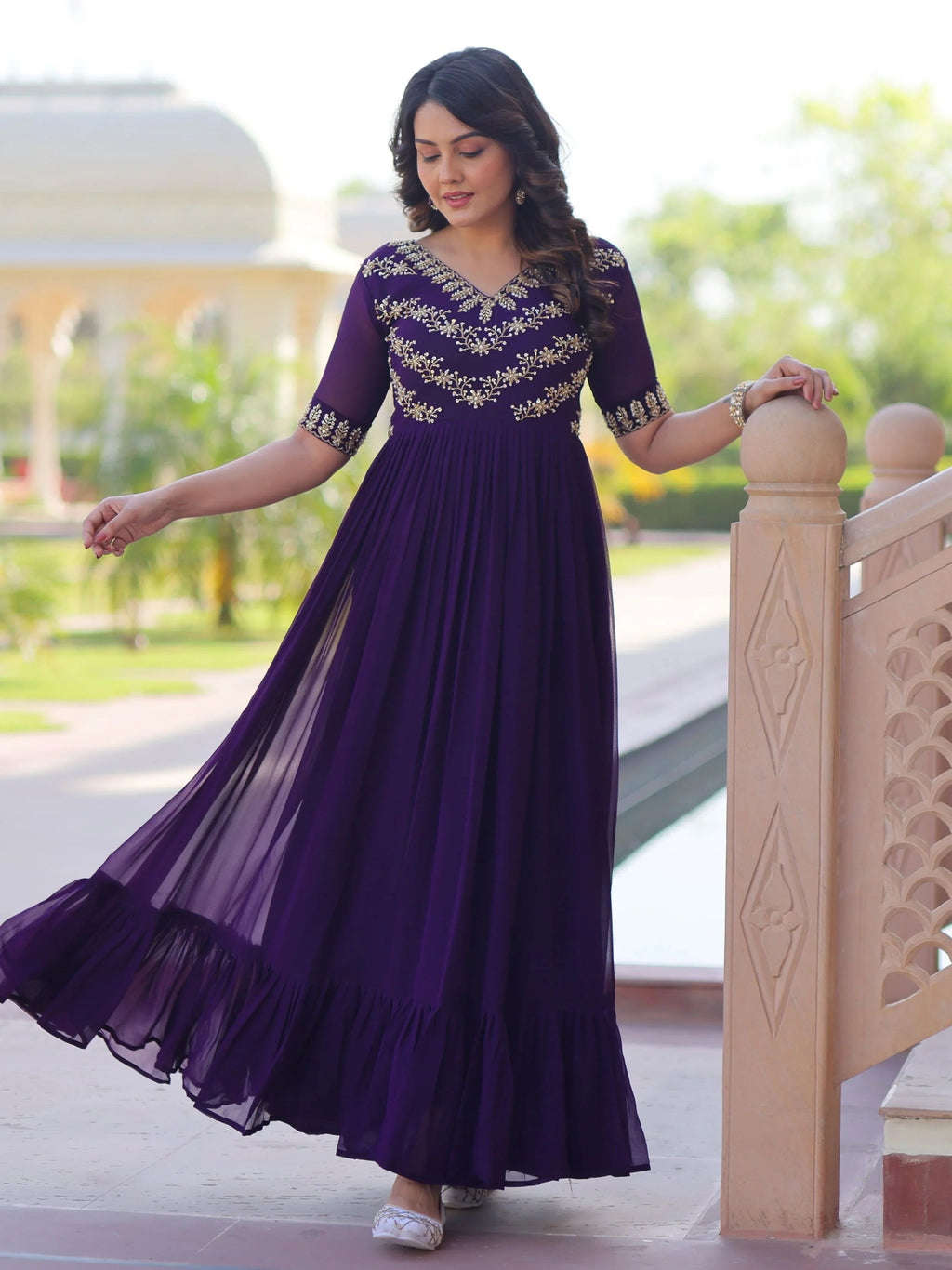 Purple Sequins Multithread Beads Embroidery Designer Gown