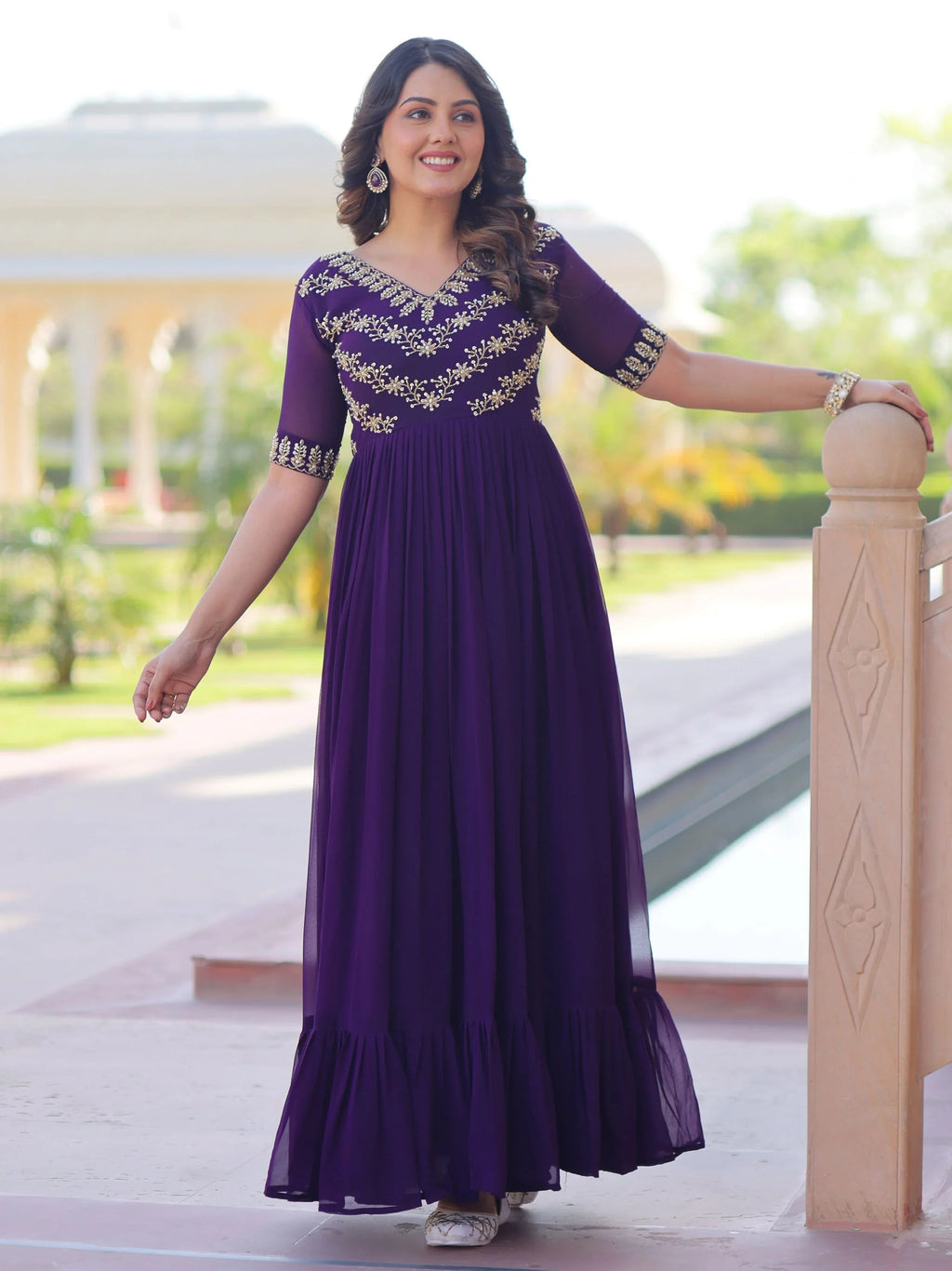 Purple Sequins Multithread Beads Embroidery Designer Gown