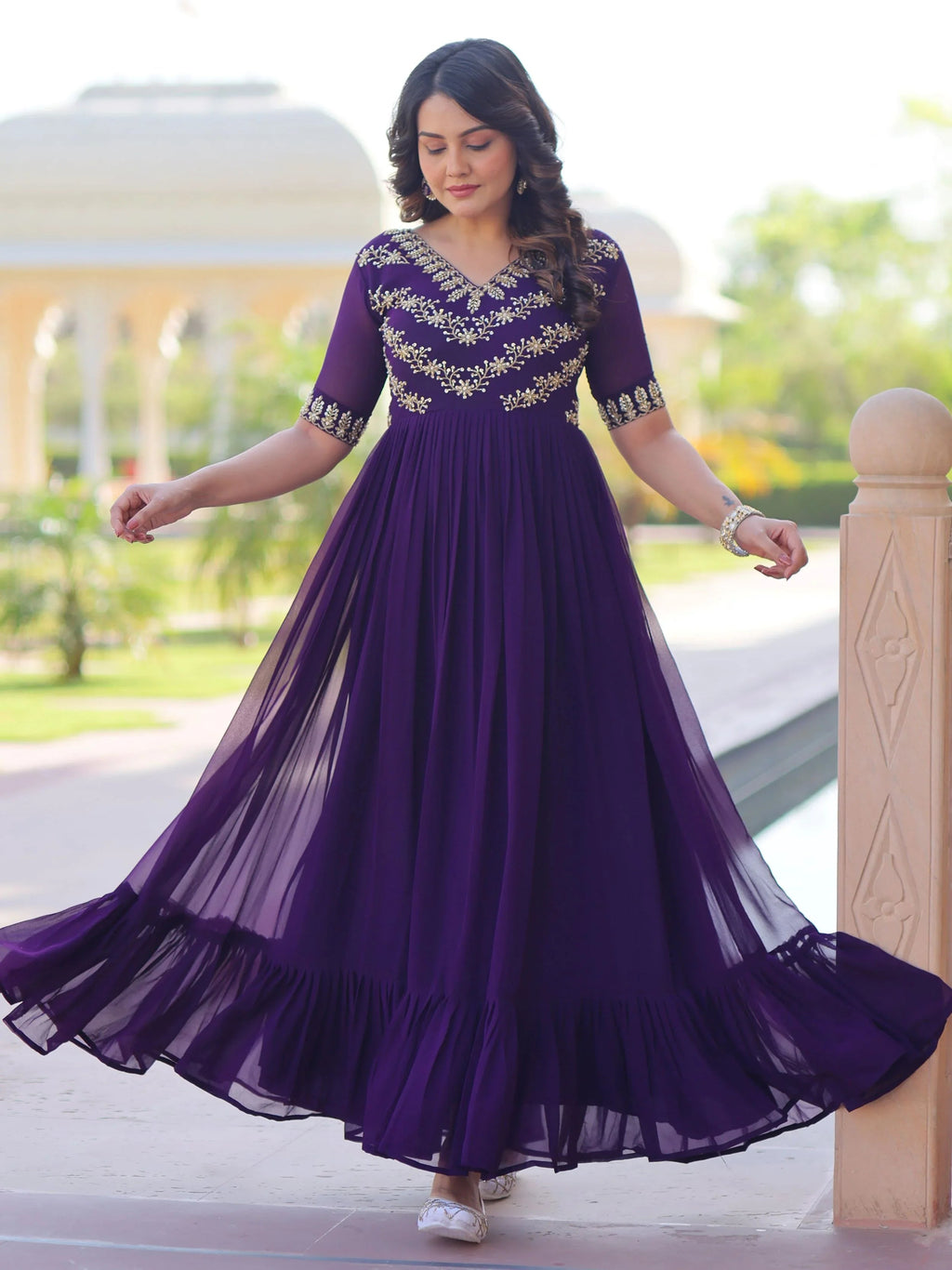 Purple Sequins Multithread Beads Embroidery Designer Gown