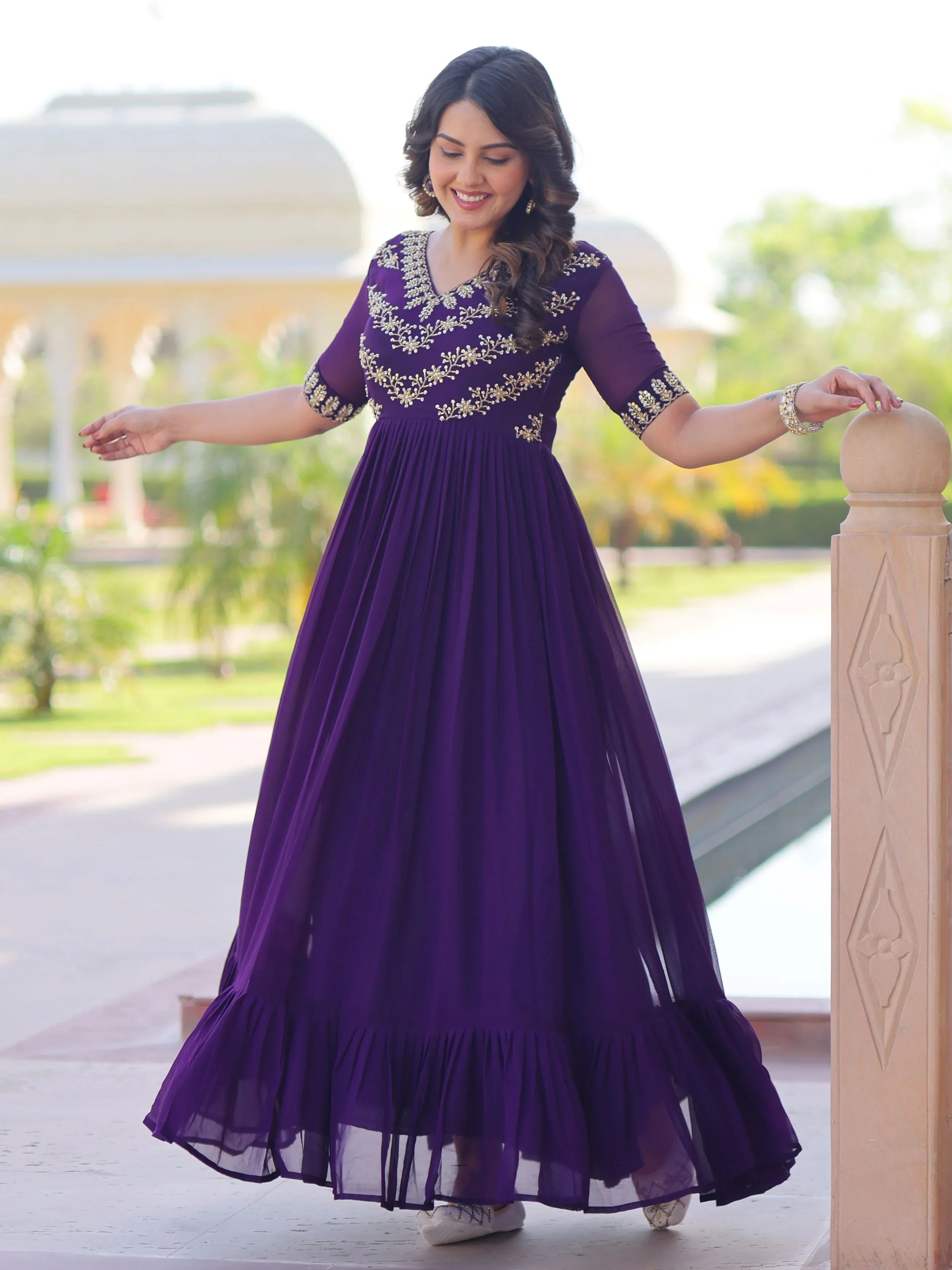 Purple Sequins Multithread Beads Embroidery Designer Gown