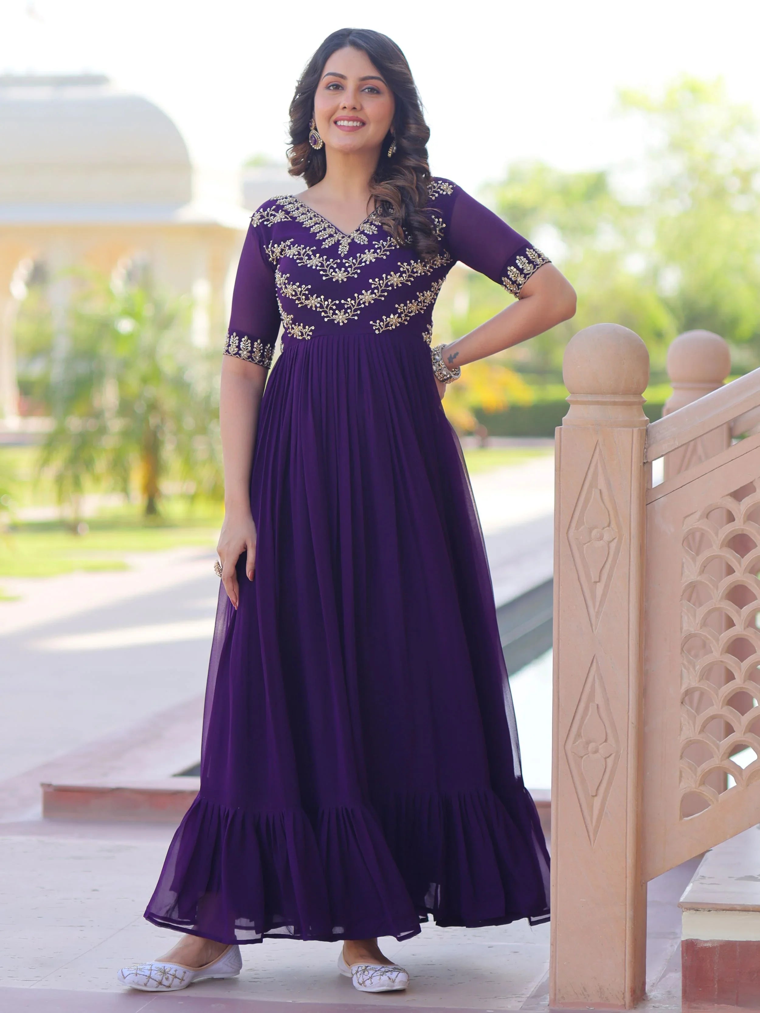 Purple Sequins Multithread Beads Embroidery Designer Gown