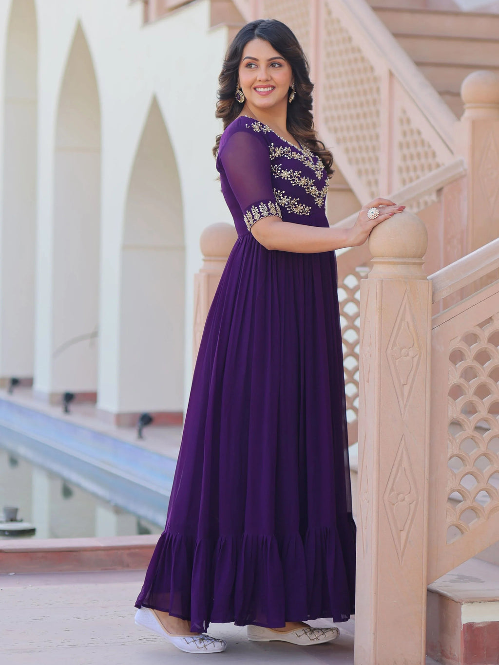 Purple Sequins Multithread Beads Embroidery Designer Gown