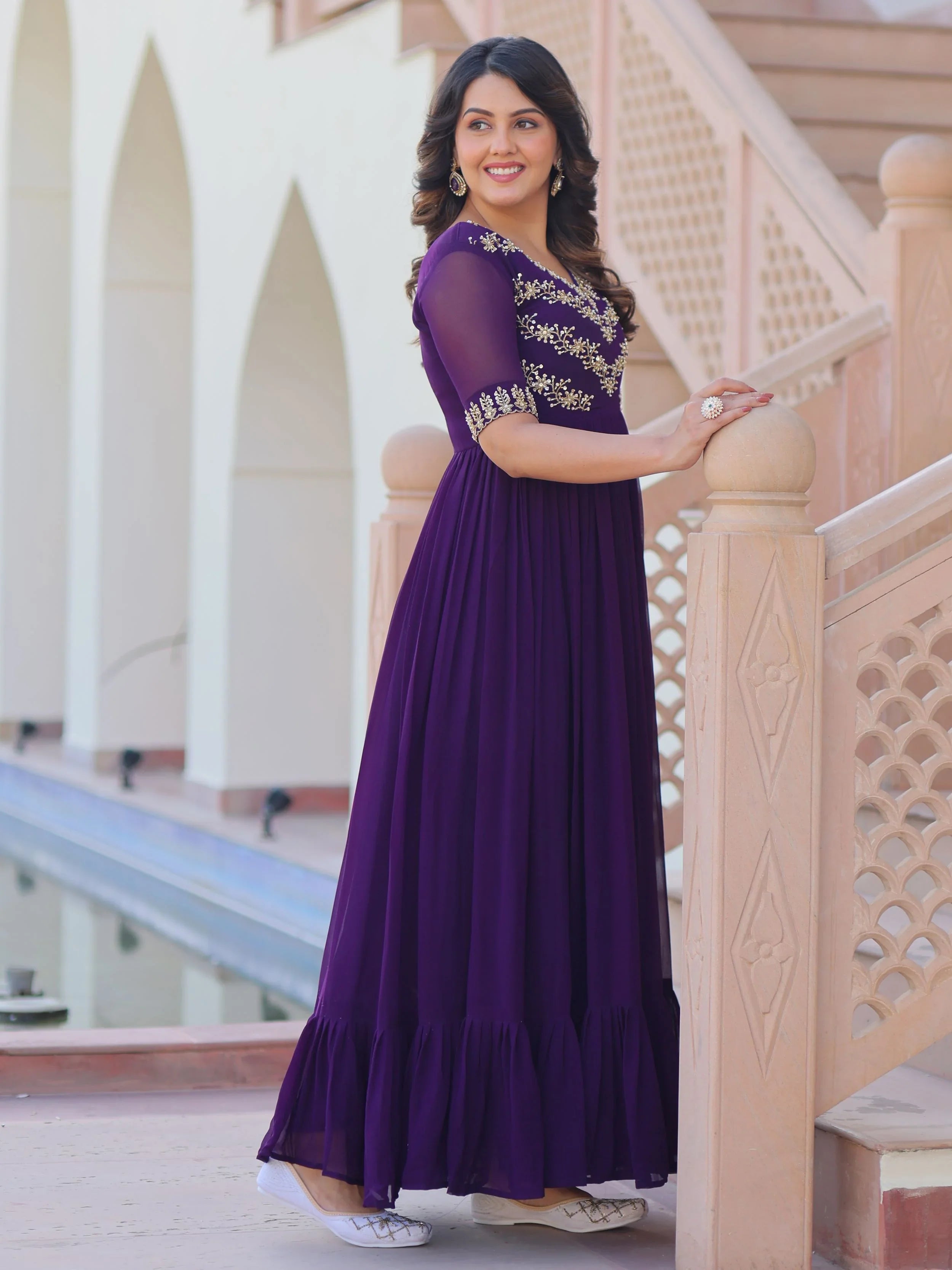 Purple Sequins Multithread Beads Embroidery Designer Gown