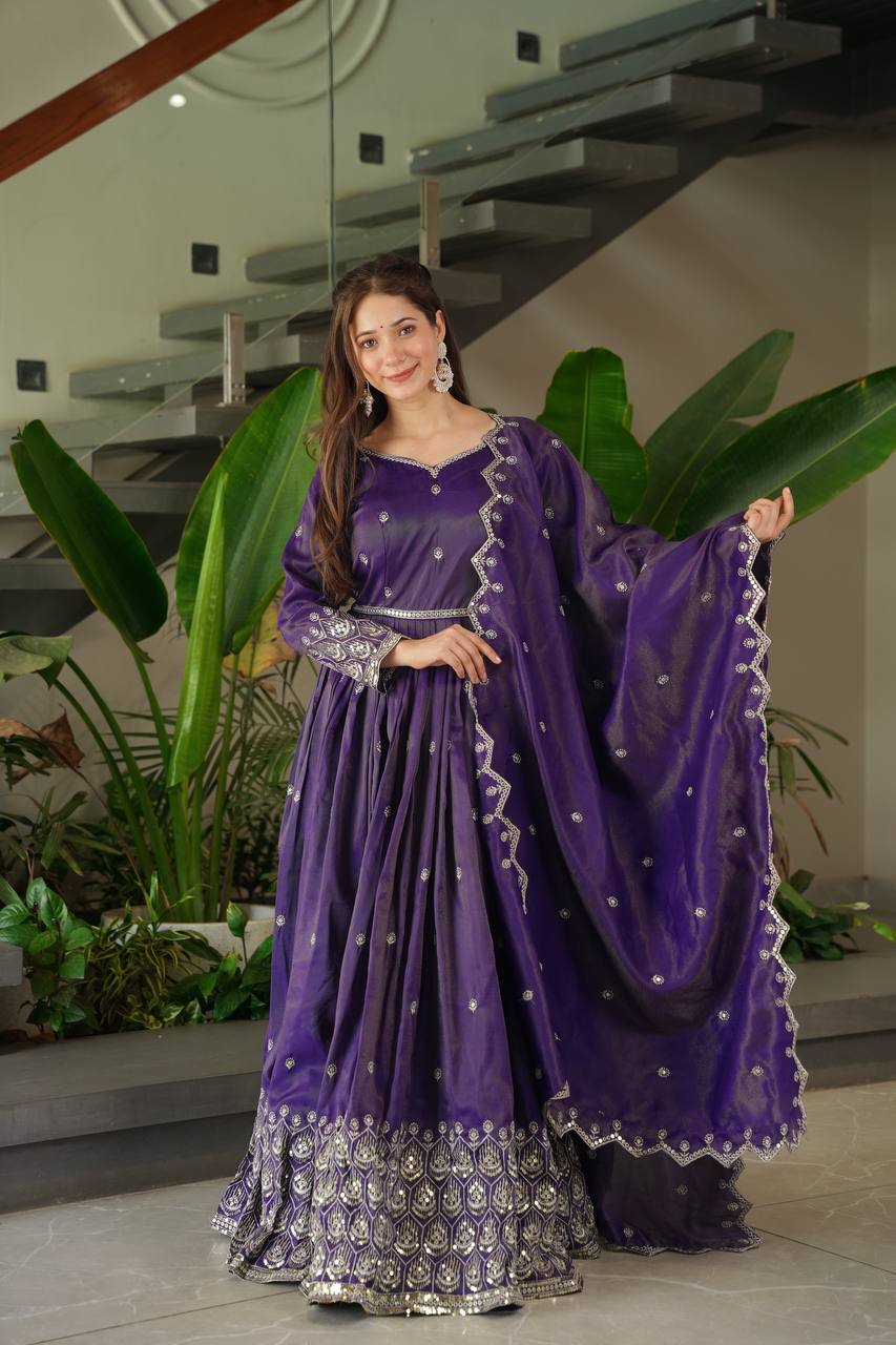 Purple Shimmer Silk Embroidered Handwork Lace Work Gown with Dupatta