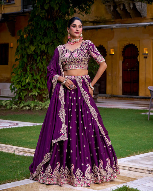 Purple silk sequins thread embroidery lehenga choli with dupatta