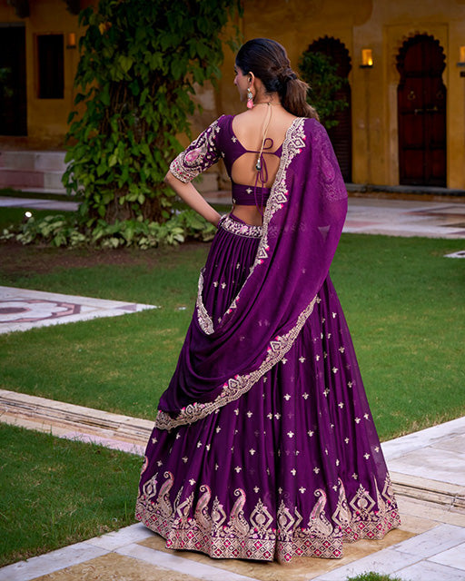 Purple silk sequins thread embroidery lehenga choli with dupatta