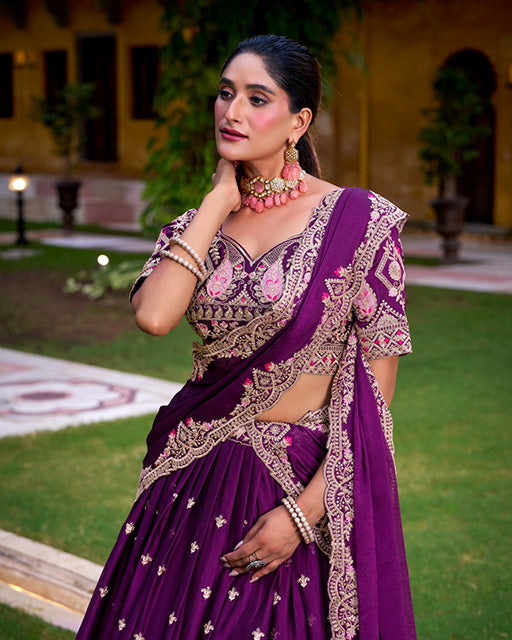 Purple silk sequins thread embroidery lehenga choli with dupatta