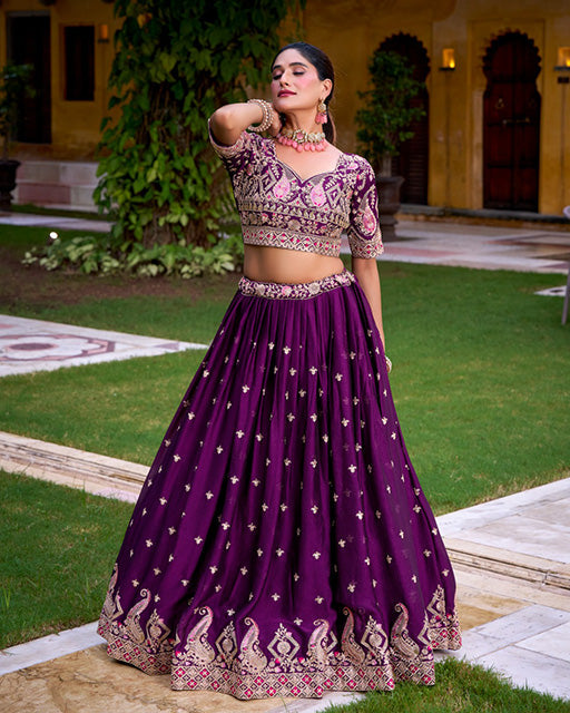 Purple silk sequins thread embroidery lehenga choli with dupatta