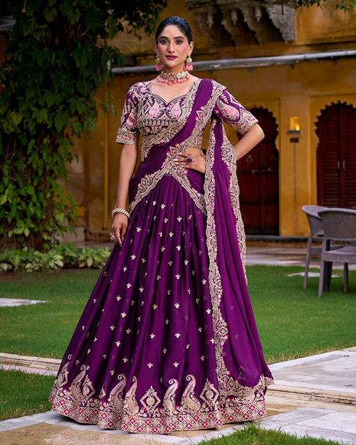 Purple silk sequins thread embroidery lehenga choli with dupatta