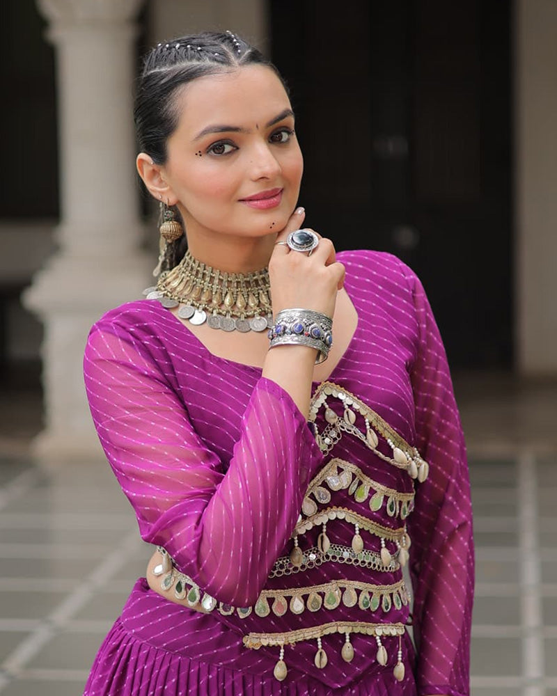 Purple Soft Georgette Gota Patti Lace Bandhej Leheriya Print Lehenga Choli