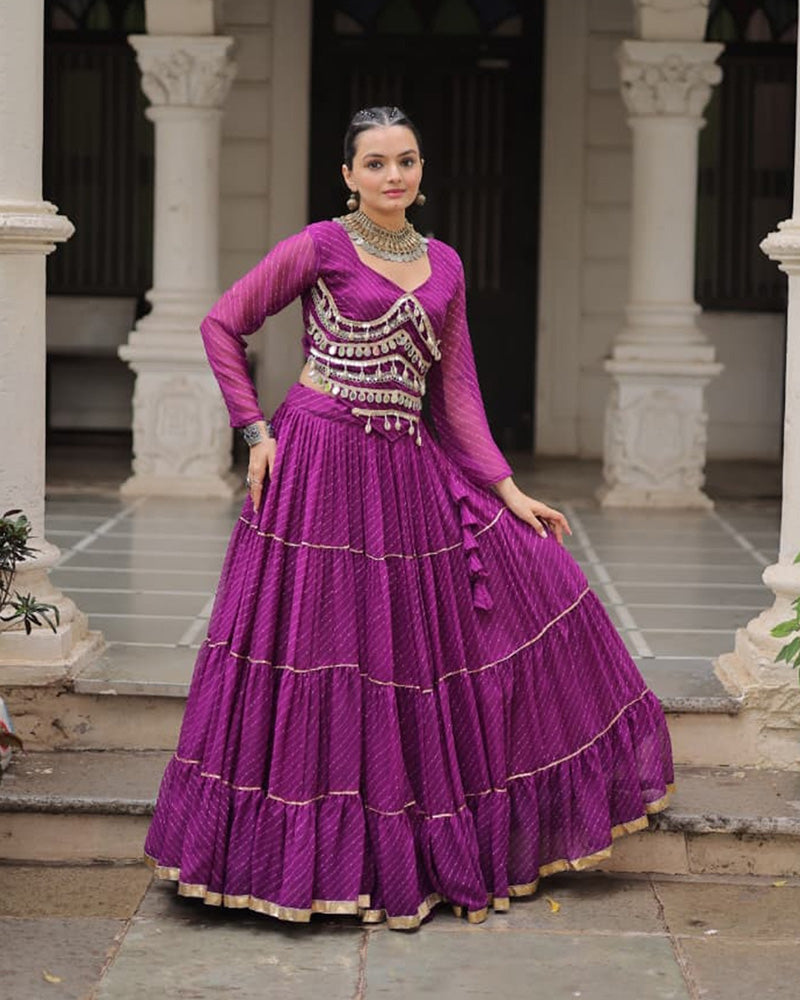 Purple Soft Georgette Gota Patti Lace Bandhej Leheriya Print Lehenga Choli