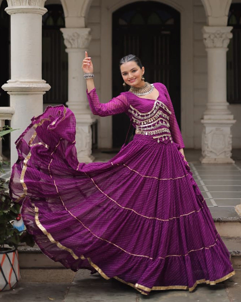 Purple Soft Georgette Gota Patti Lace Bandhej Leheriya Print Lehenga Choli