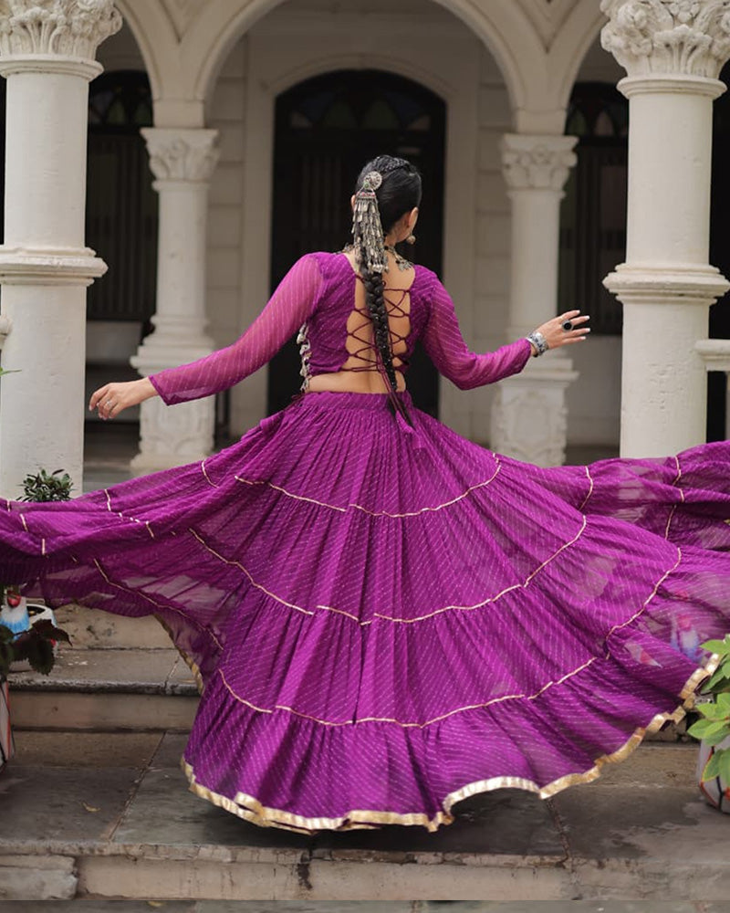Purple Soft Georgette Gota Patti Lace Bandhej Leheriya Print Lehenga Choli