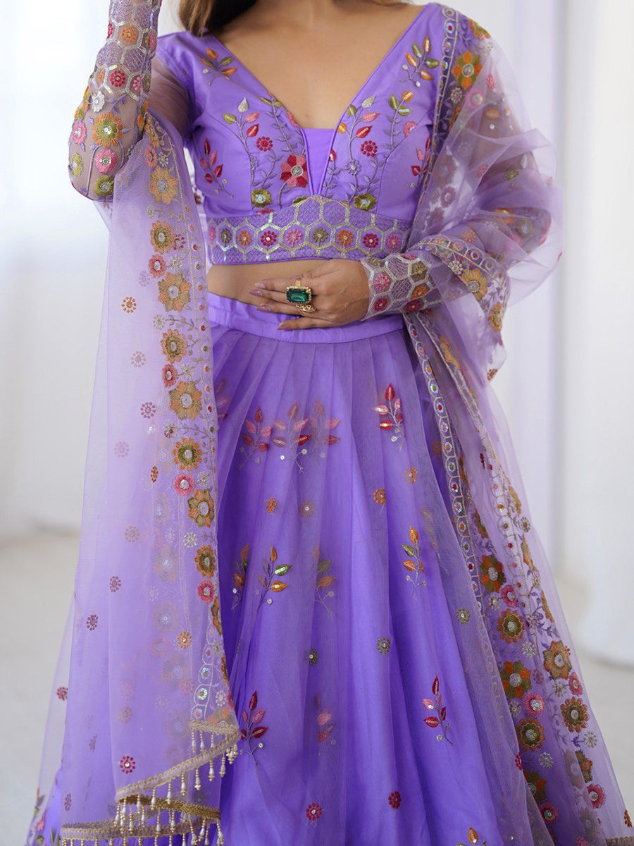 Purple soft net lehenga choli with thread and sequins embroidery and dupatta