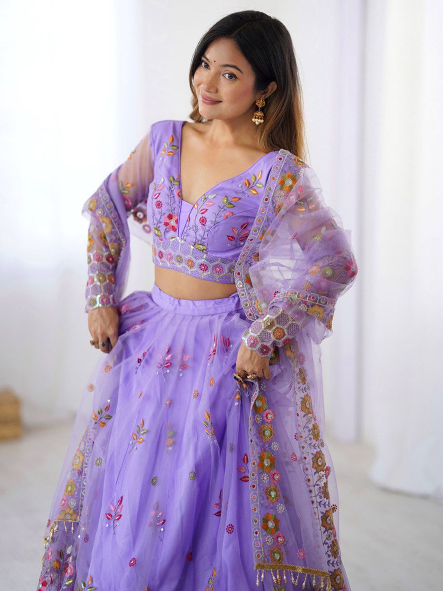 Purple soft net lehenga choli with thread and sequins embroidery and dupatta