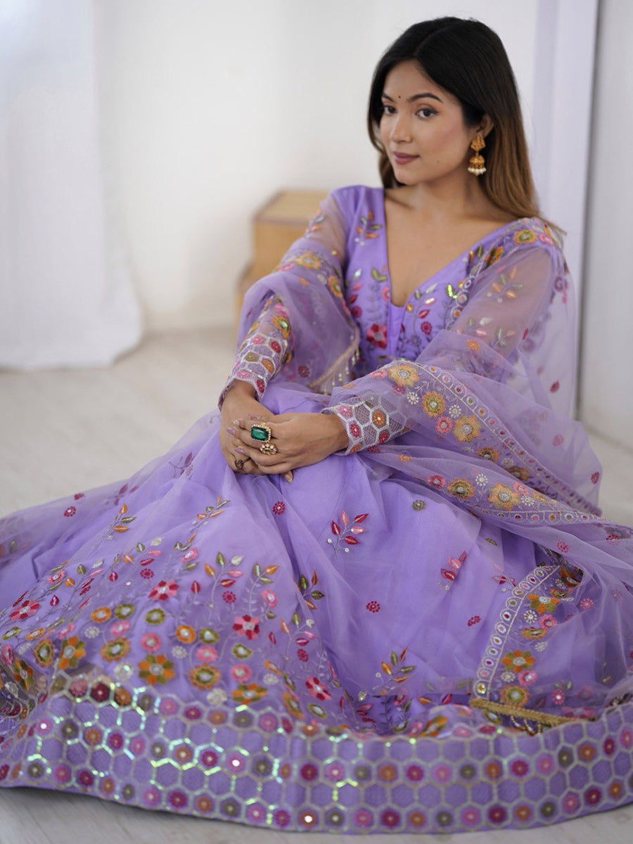 Purple soft net lehenga choli with thread and sequins embroidery and dupatta