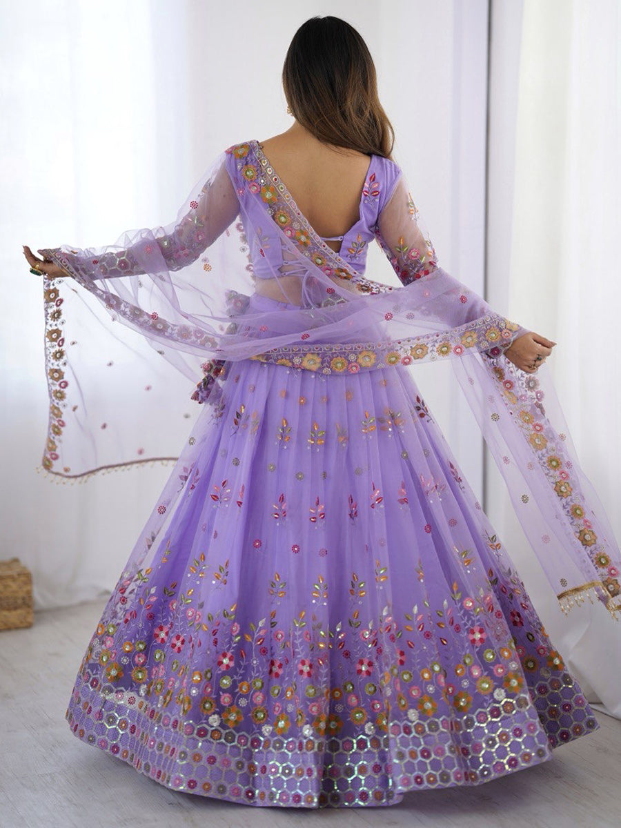 Purple soft net lehenga choli with thread and sequins embroidery and dupatta
