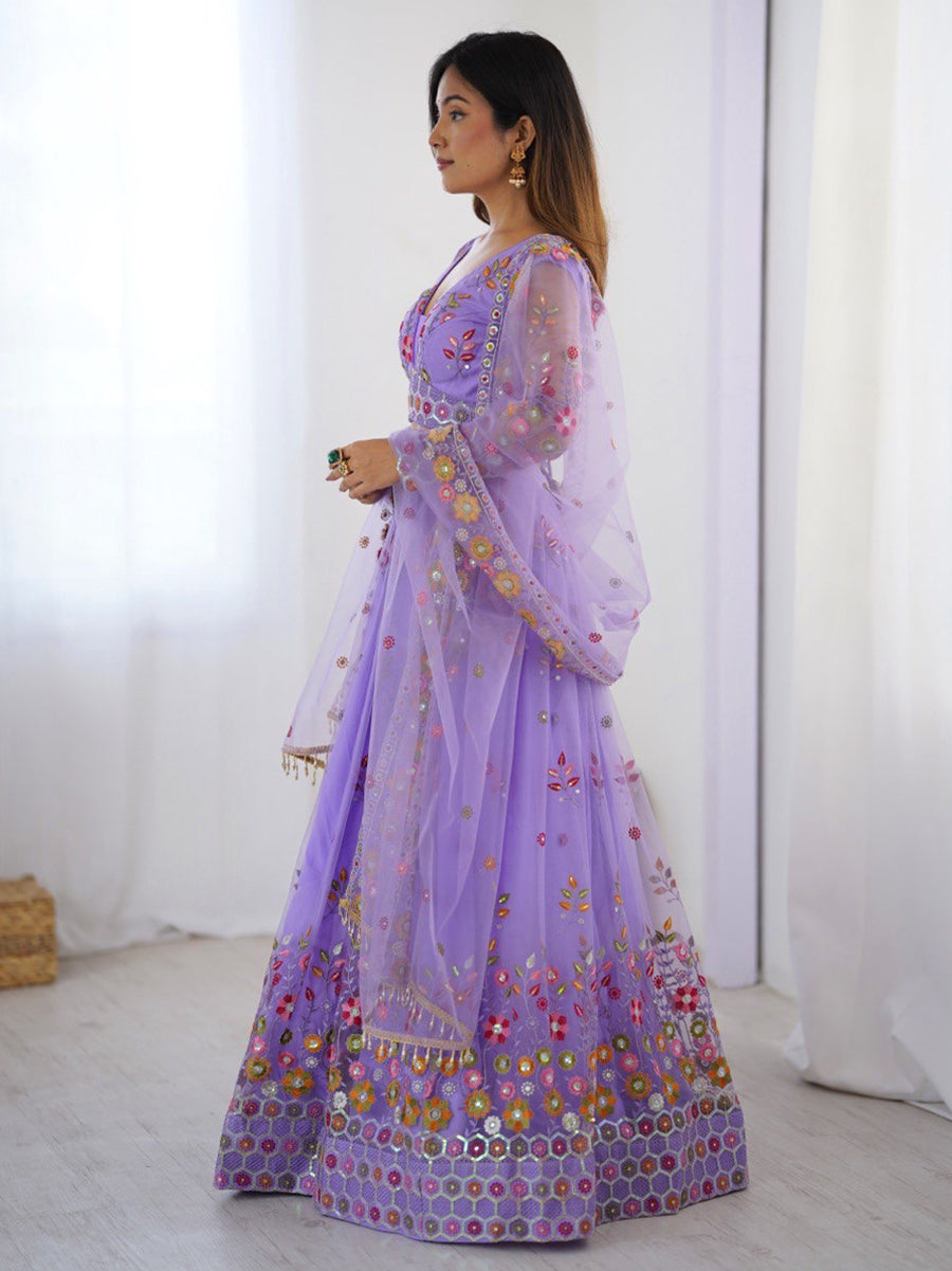 Purple soft net lehenga choli with thread and sequins embroidery and dupatta