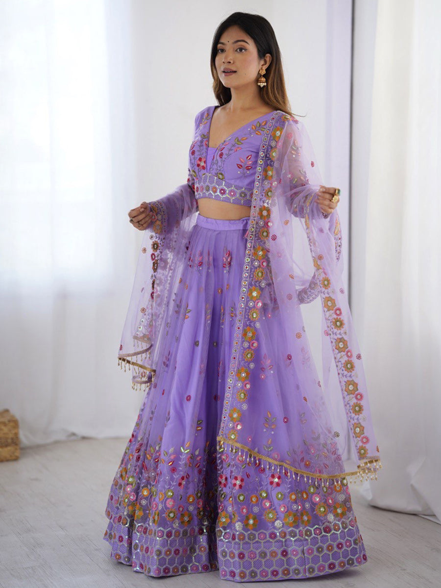 Purple soft net lehenga choli with thread and sequins embroidery and dupatta