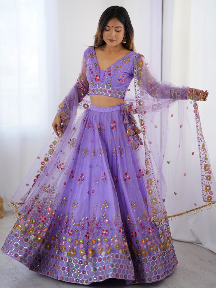 Purple soft net lehenga choli with thread and sequins embroidery and dupatta