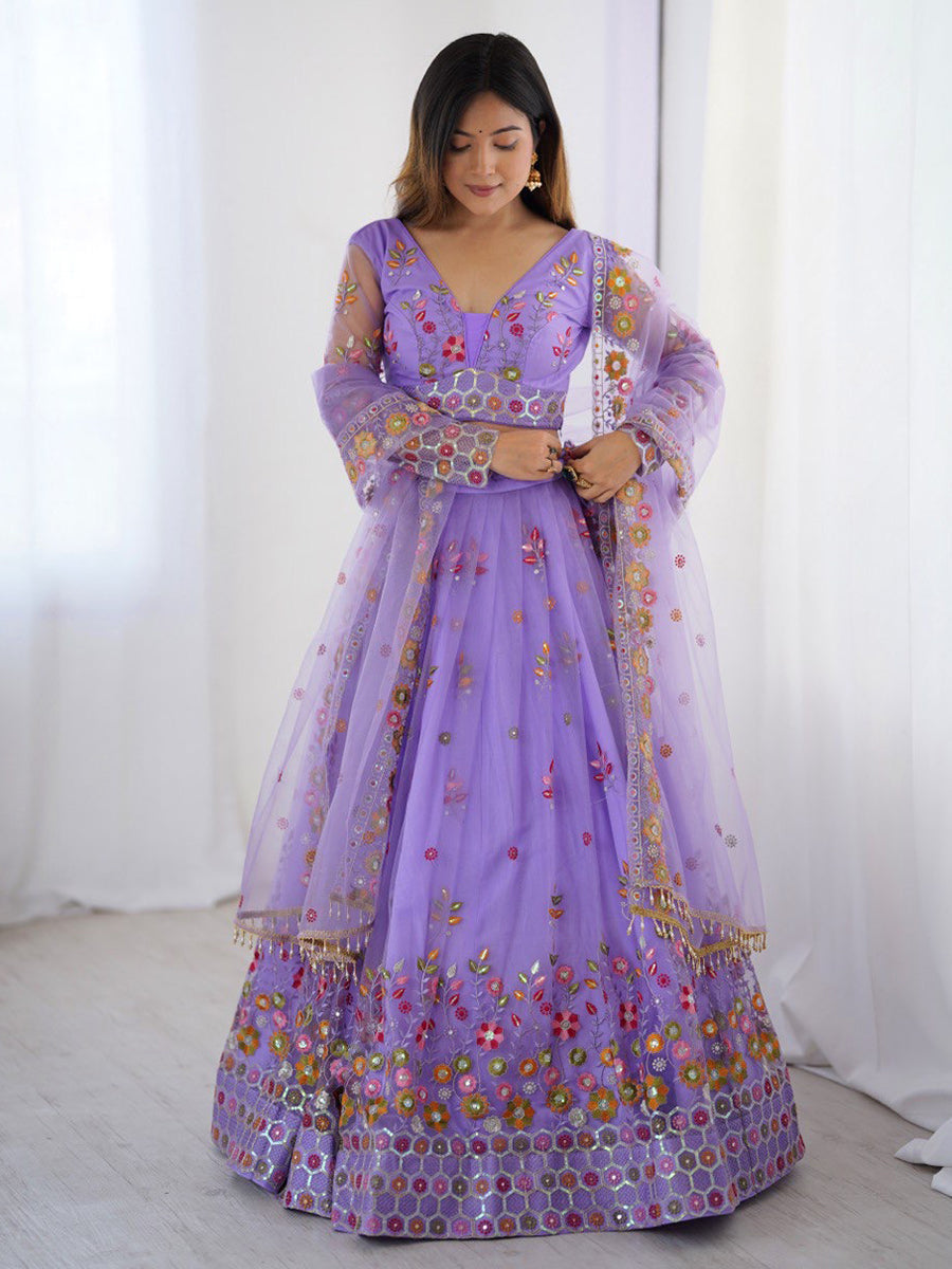 Purple soft net lehenga choli with thread and sequins embroidery and dupatta