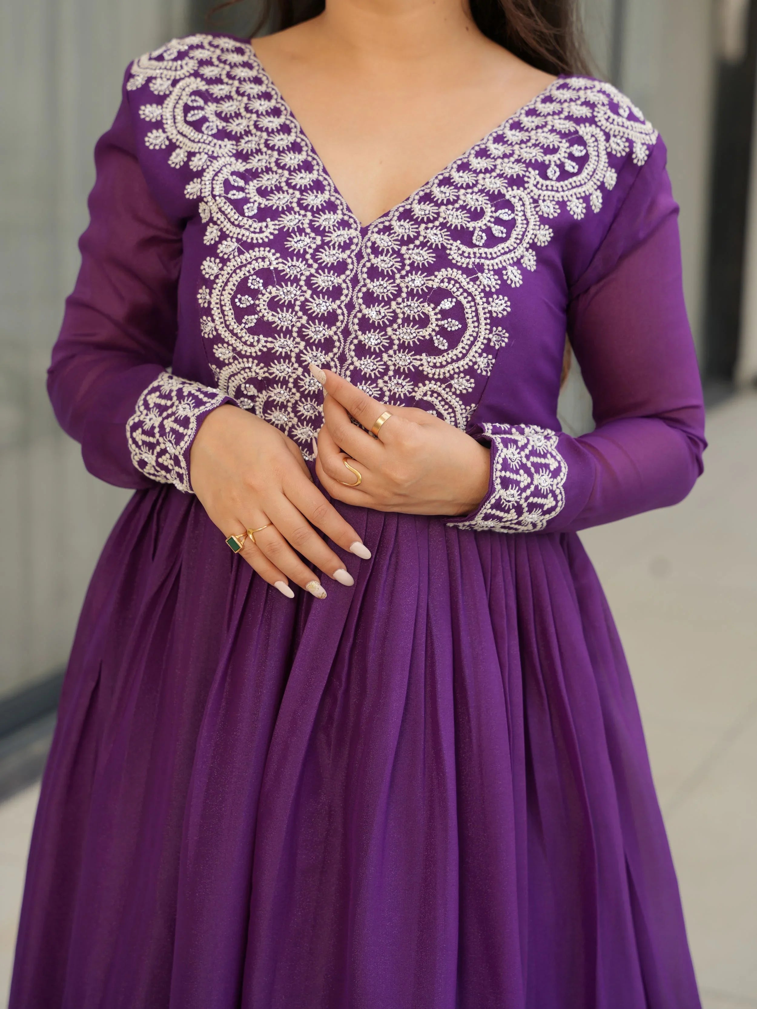 Purple Star Georgette Beads and Sequins Embroidered Work Gown