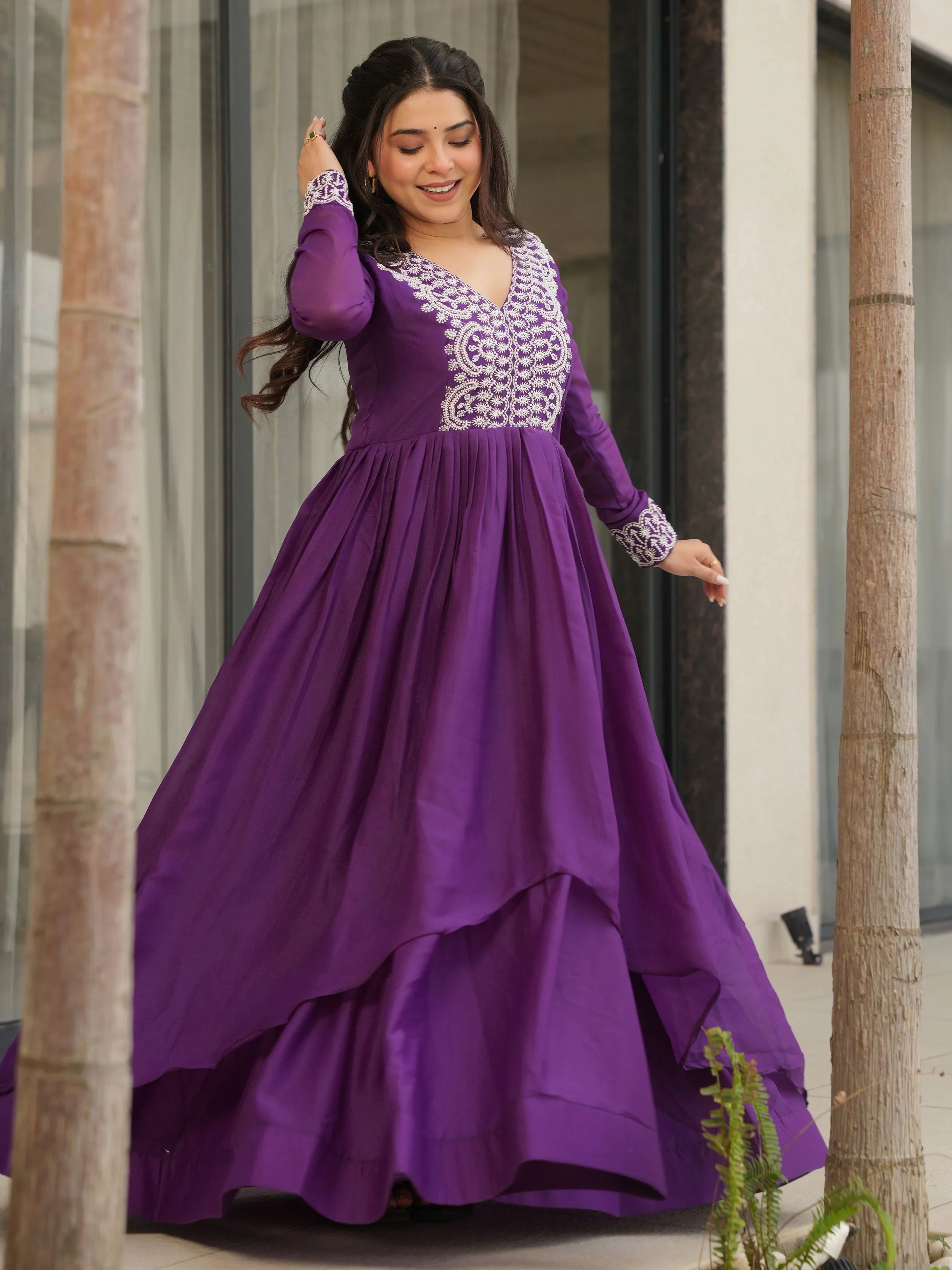 Purple Star Georgette Beads and Sequins Embroidered Work Gown