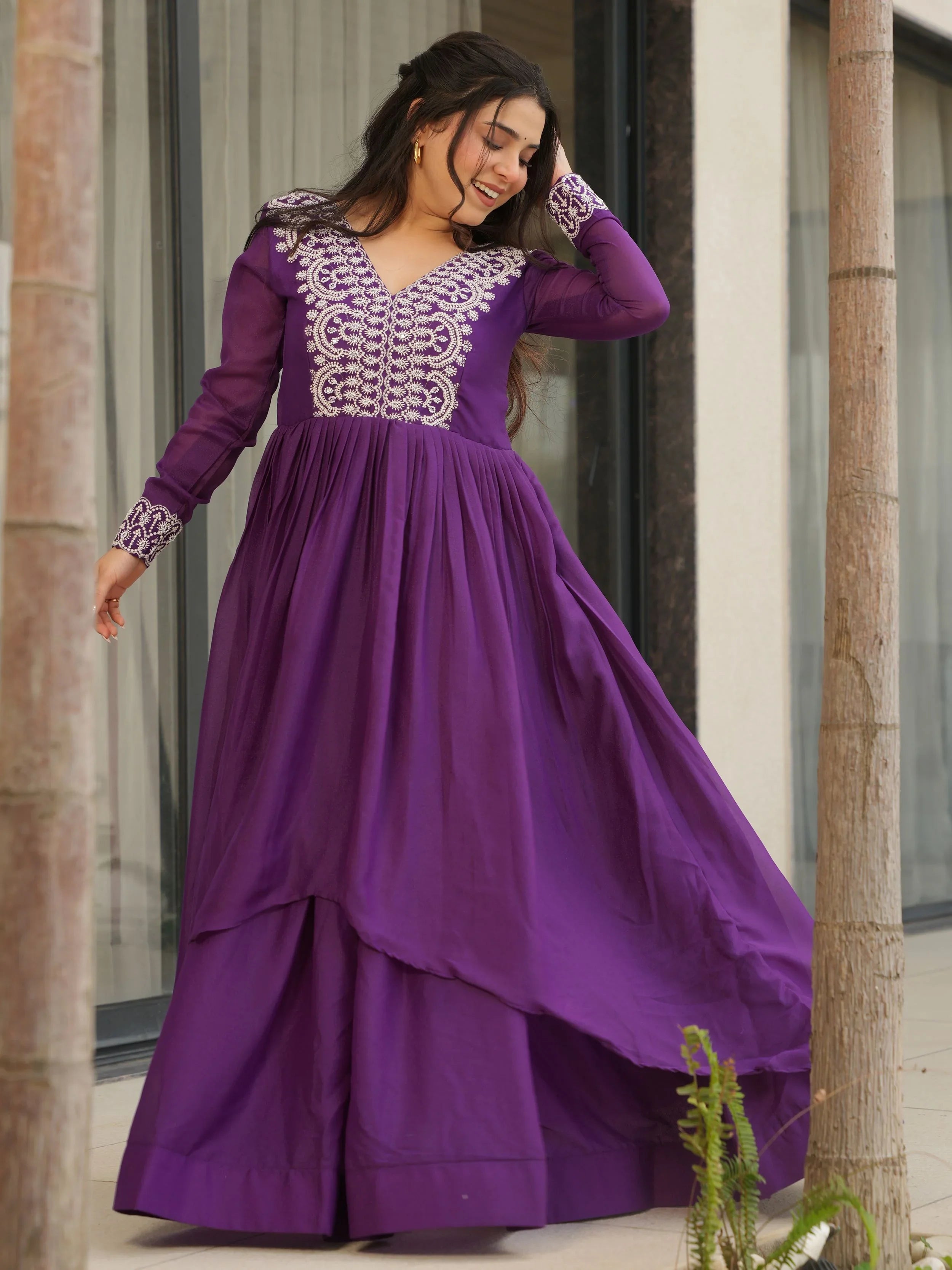 Purple Star Georgette Beads and Sequins Embroidered Work Gown