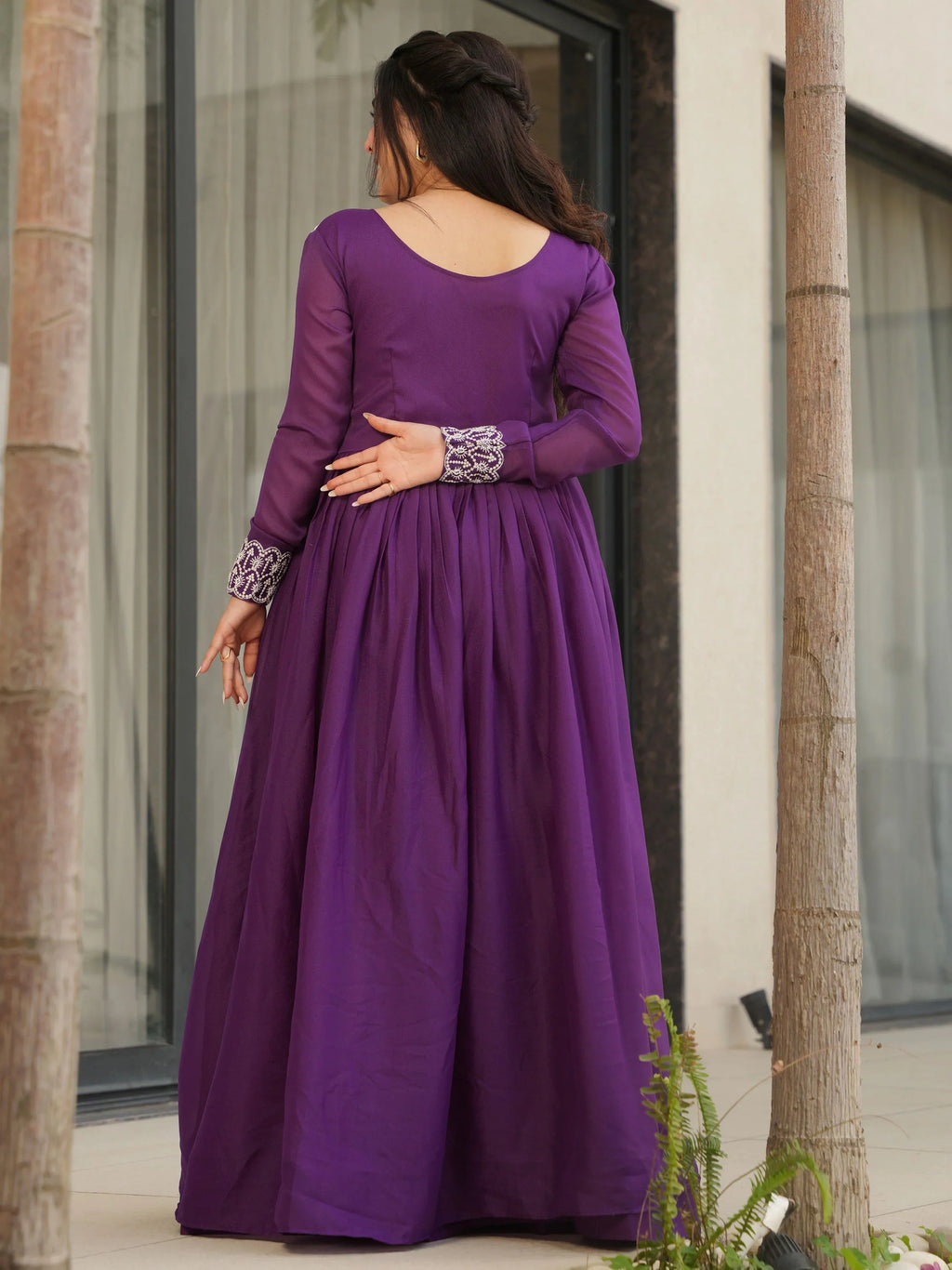 Purple Star Georgette Beads and Sequins Embroidered Work Gown