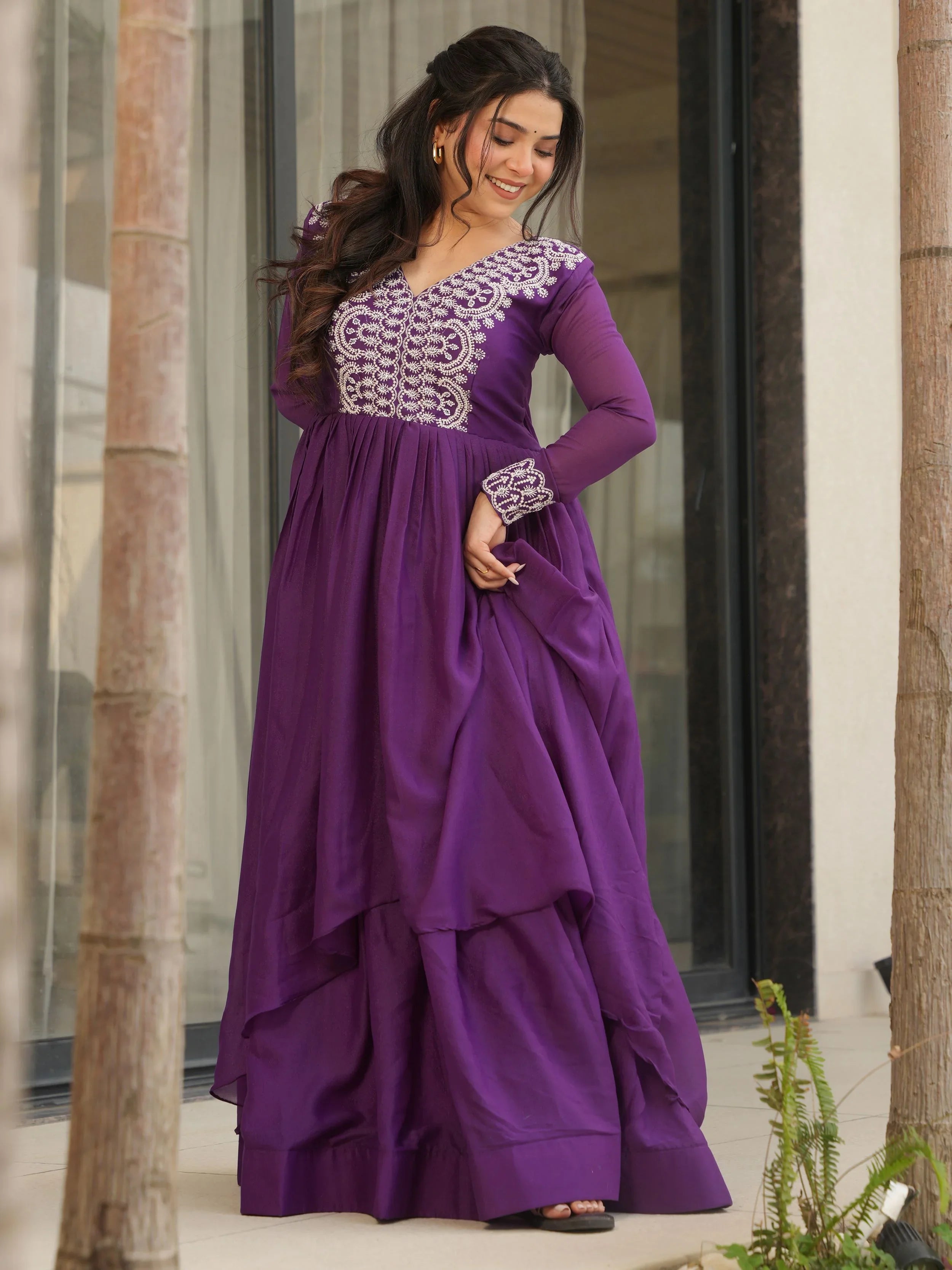 Purple Star Georgette Beads and Sequins Embroidered Work Gown