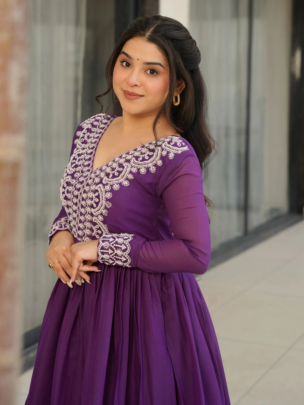 Purple Star Georgette Beads and Sequins Embroidered Work Gown