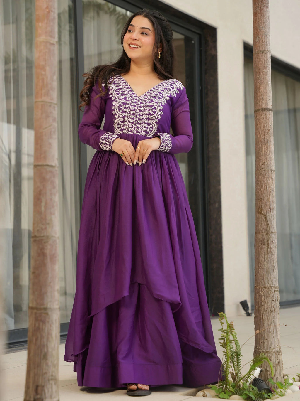 Purple Star Georgette Beads and Sequins Embroidered Work Gown