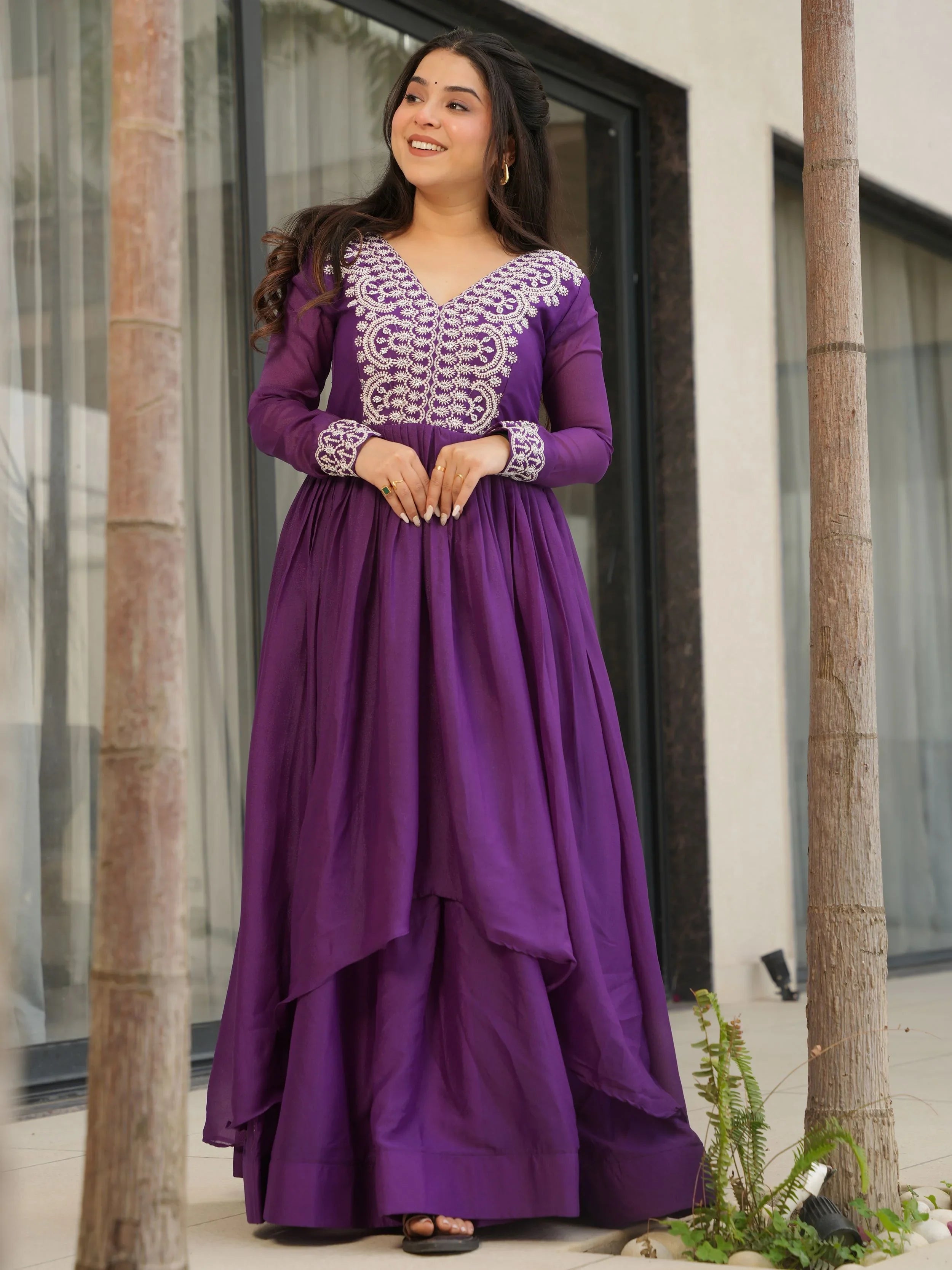 Purple Star Georgette Beads and Sequins Embroidered Work Gown