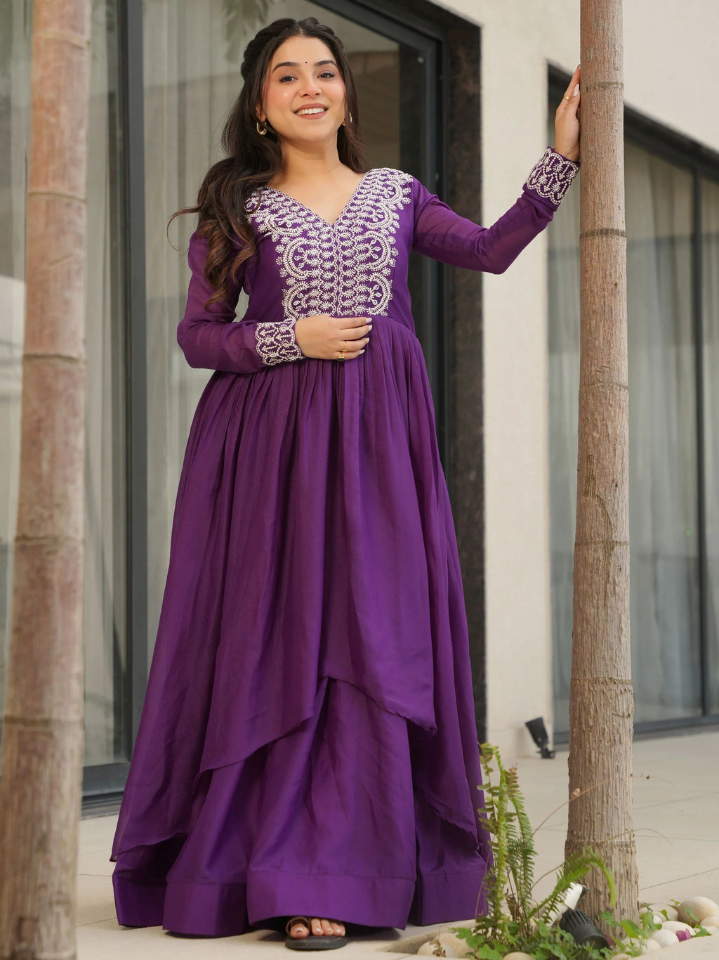 Purple Star Georgette Beads and Sequins Embroidered Work Gown