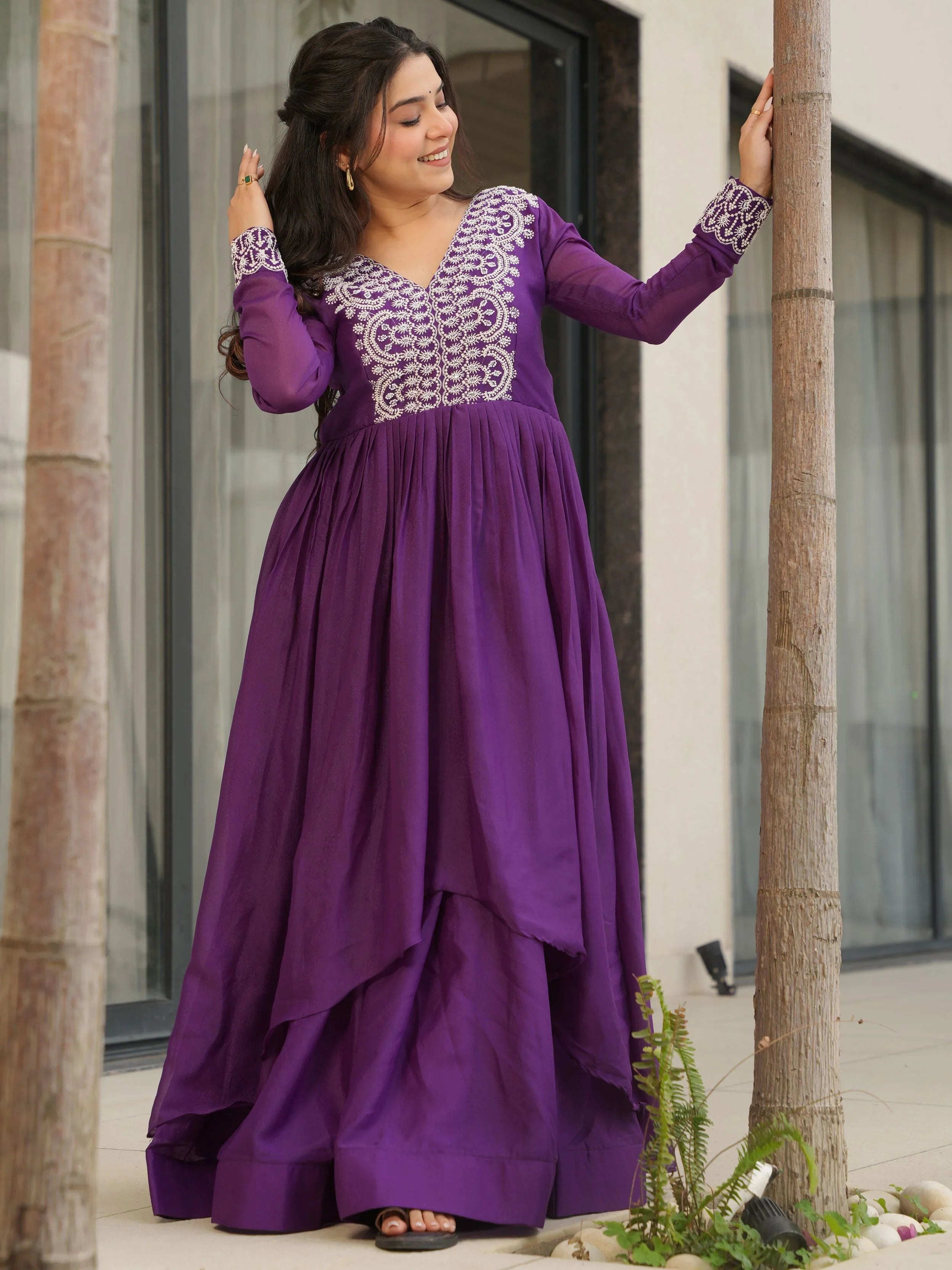 Purple Star Georgette Beads and Sequins Embroidered Work Gown