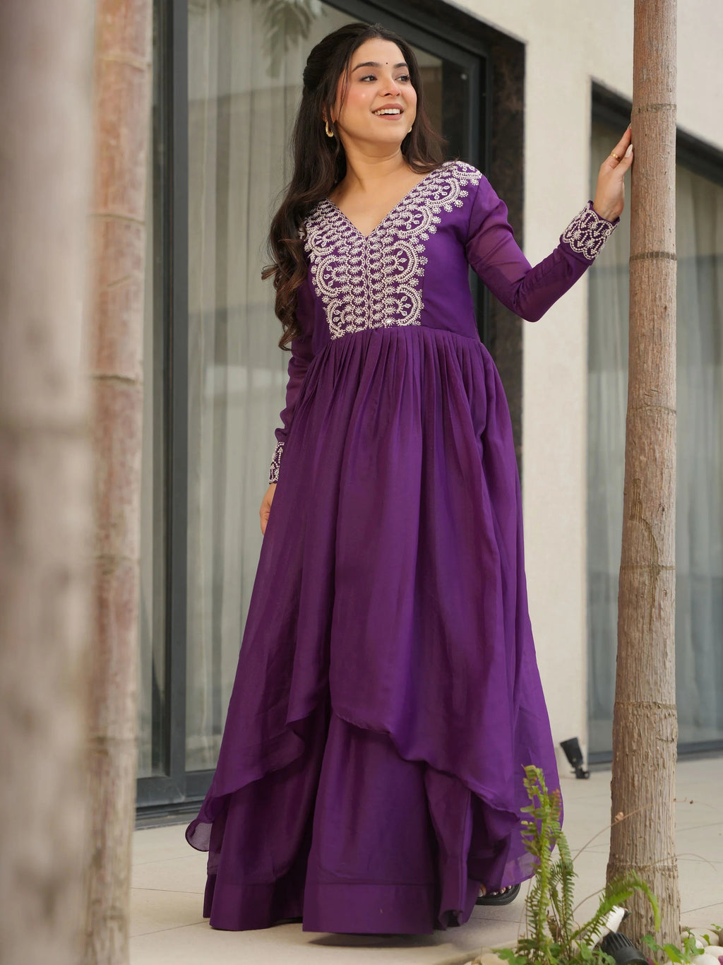 Purple Star Georgette Beads and Sequins Embroidered Work Gown