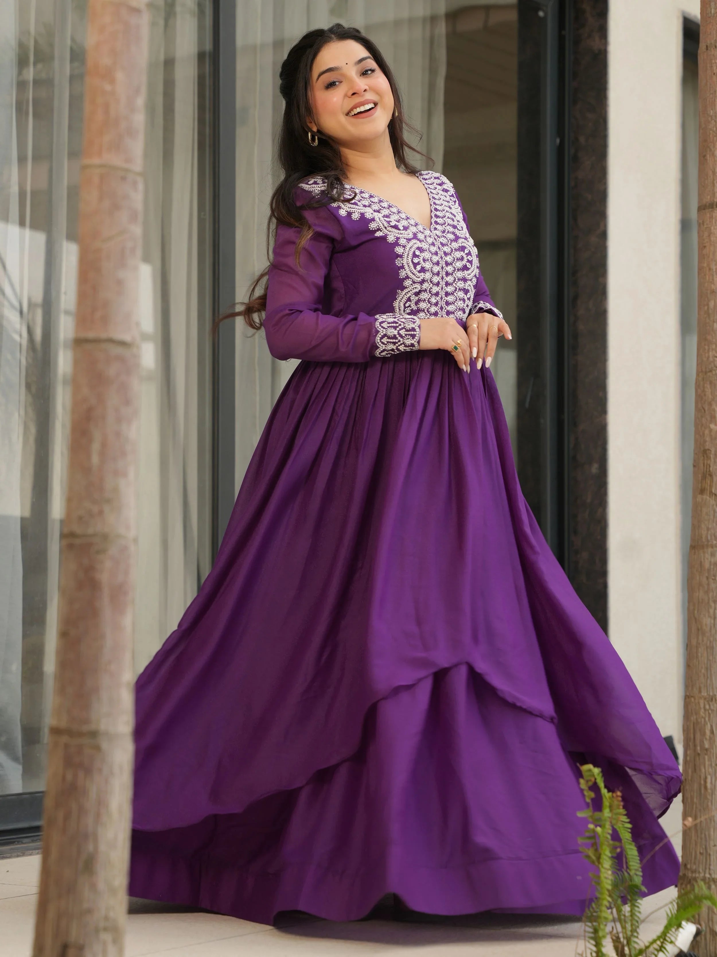 Purple Star Georgette Beads and Sequins Embroidered Work Gown