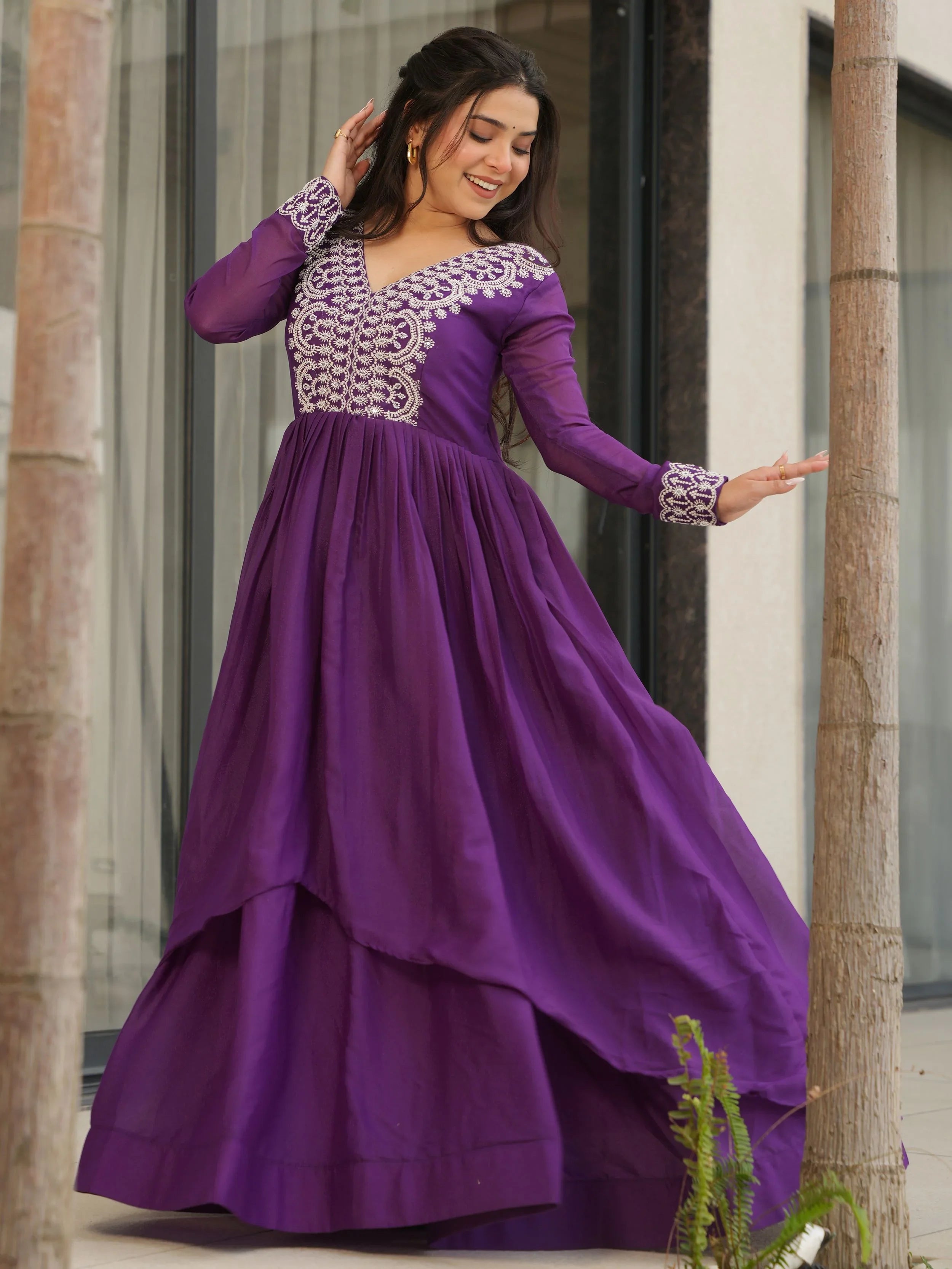 Purple Star Georgette Beads and Sequins Embroidered Work Gown