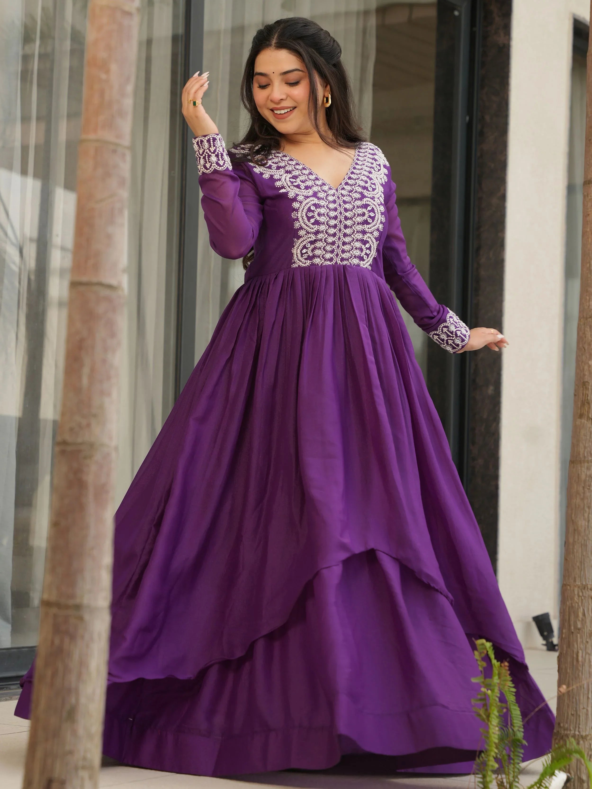 Purple Star Georgette Beads and Sequins Embroidered Work Gown