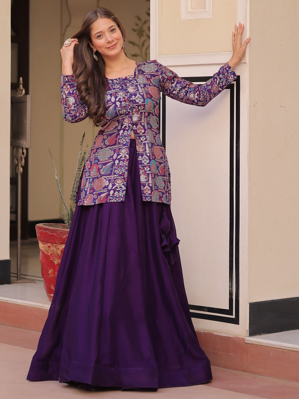 Purple Vichitra Silk Kali Pattern Lehenga with  Jacquard Jacket