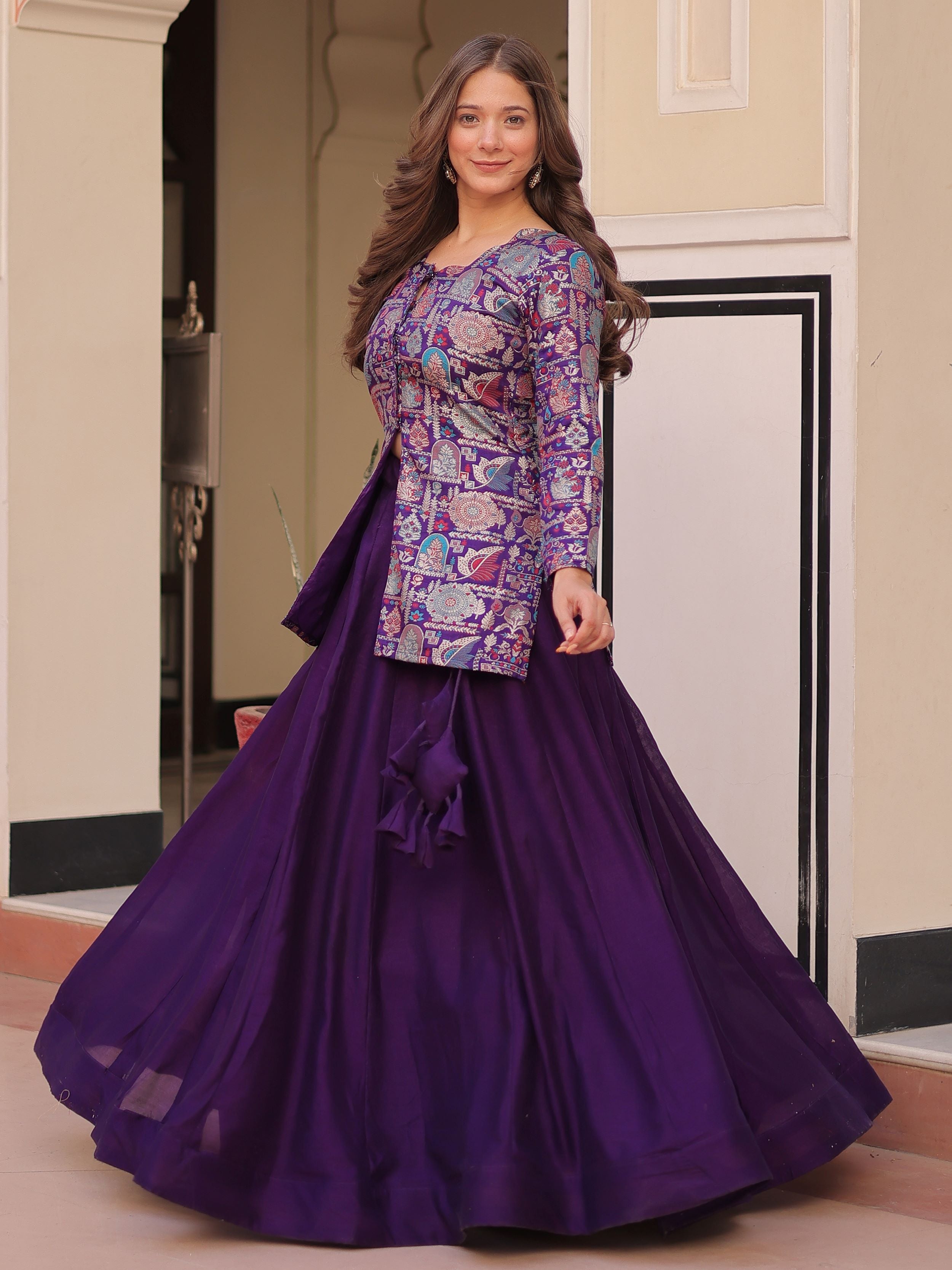 Purple Vichitra Silk Kali Pattern Lehenga with  Jacquard Jacket